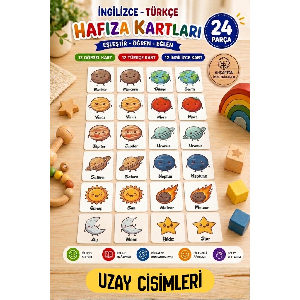 Kalides Ahşap Hafıza Kartı Seti - UZAY CİSİMLERİ - Eşleştirme Oyunu – Okul Öncesi Zeka & Dikkat Geliştirici Oyun Kartları – Oyuncak - Uzay Cisimleri Anne Bebek Oyuncak Fiyatı