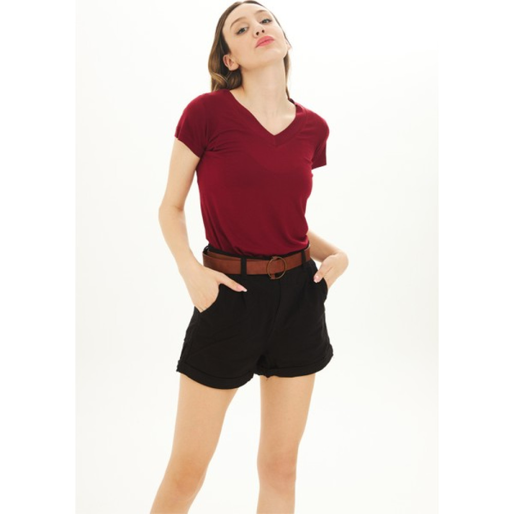 Kalın V Yaka T-Shirt Bordo Bayan T-shirt Fiyatı