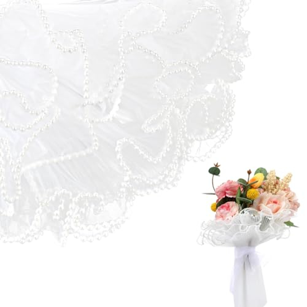 KALIONE 4.37 Yards Bouquet Wrapping Paper, Pearl Edge Wrinkled Flower Mesh Wrapping Paper Multi-purpose Ruffle Yarn Floral Wrapping Paper for Flower Bouquet DIY Crafts Decorations(white)