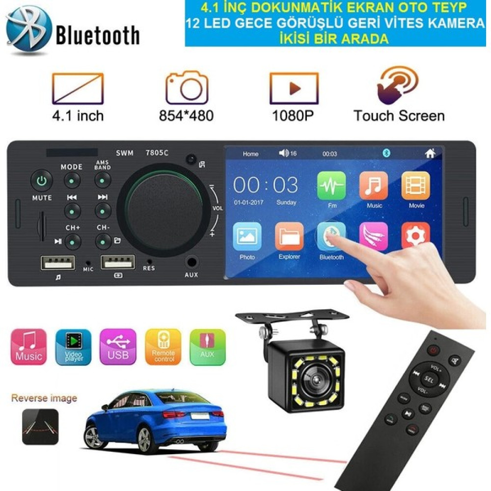 Kalite 4.1 Inç Dokunmatik Ekran Oto Teyp + 12 LED Gece Görüş Geri Vites Kamera (Bluetooth + Flim Izle + Radyo + USB + Sd) Oto Teypleri Fiyatı