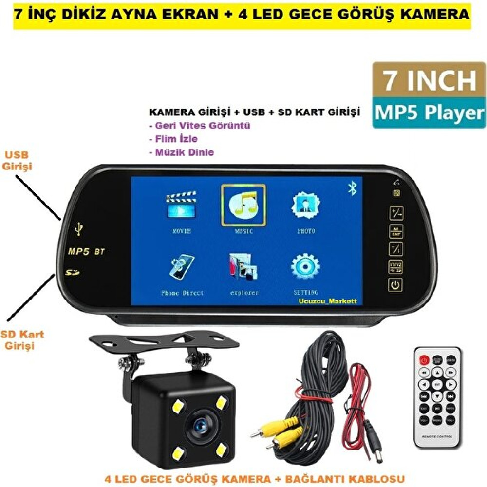 Kalite 7 Inç Dikiz Ayna Ekran + 4 LED Gece Görüş Geri Vites Kamera (Araç Arkasını Izle + Flim Izle + Müzik Dinle) Oto Görüntü Sistemleri Fiyatı