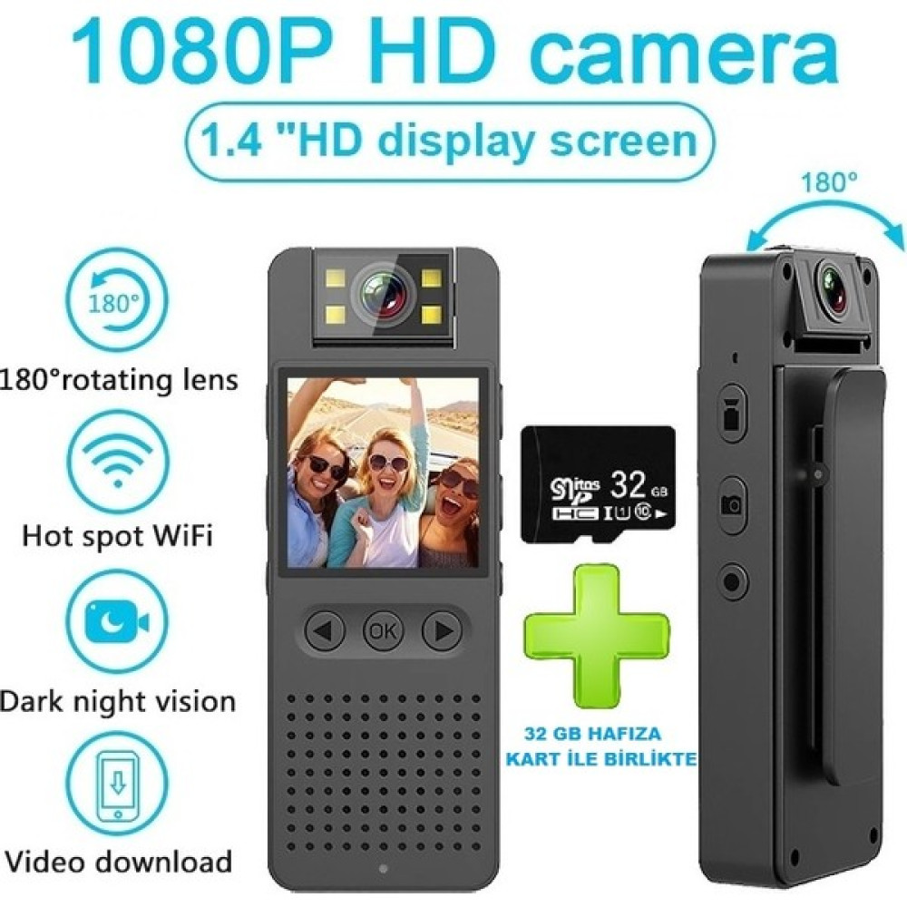 Kalite Hd 1080 Wifi Vücut Kamerası + 32GB Hafıza Kart Ile Birlikte (Gece Görüşlü Video ve Ses Kaydedici ) Dijital Video Kameralar Fiyatı