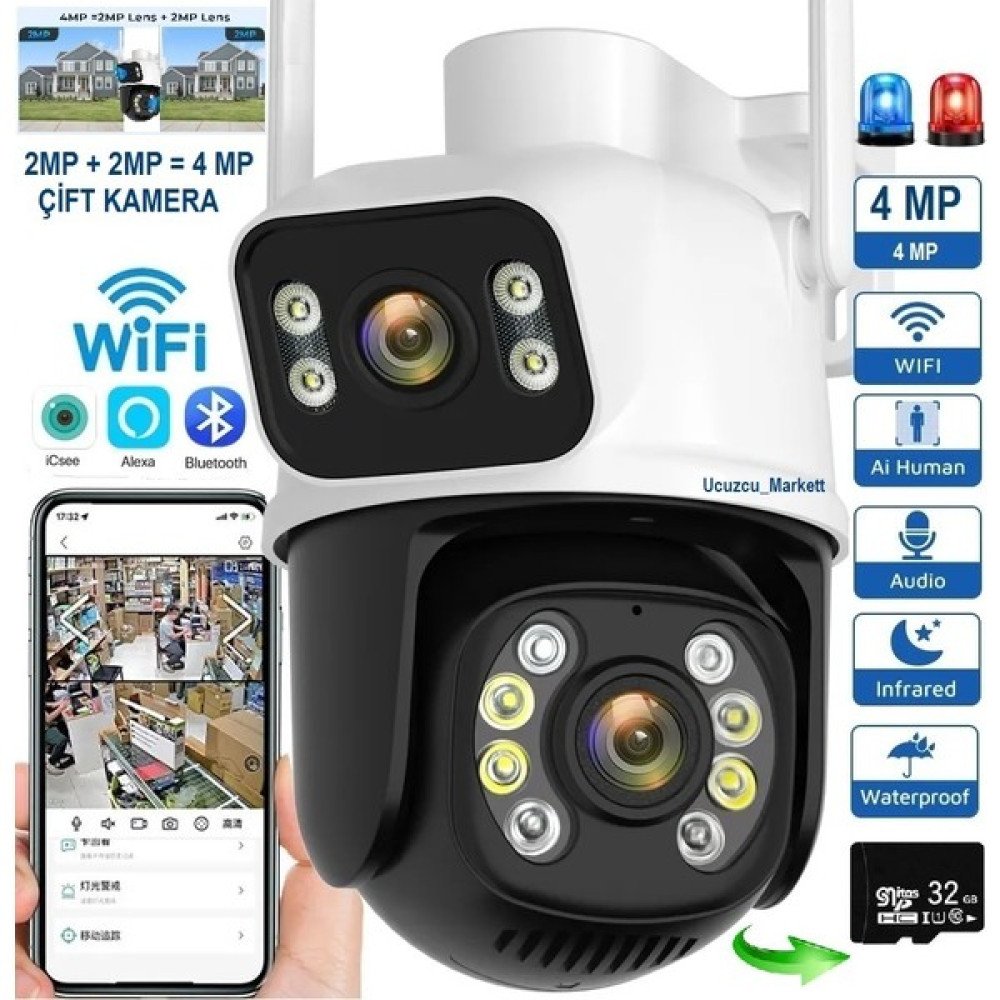 Kalite Speed Wifi Çift Kamera(2mp+2mp) 32GB Hafıza Kart Ile Birlikte(Kayıt Etme-Uzaktan Izleme-Gece Görüş-Karşılıklı Konuşma-Dış Mekan Güvenlik Kameraları Fiyatı