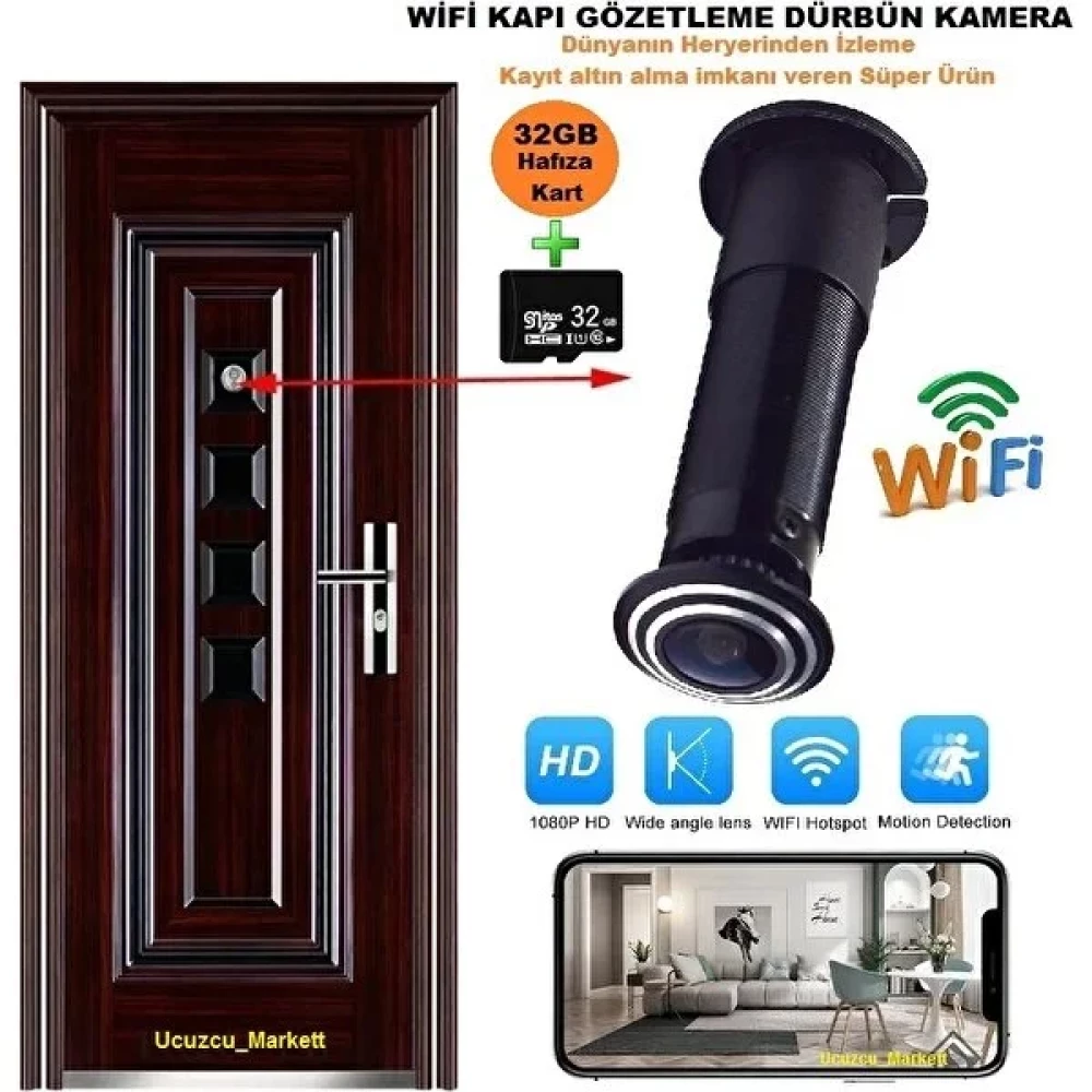 Kalite Wifi Kapı Gözetleme Deliği Güvelik Kamerası + 32 GB Kart (Dünyanın Her Yerinden Canlı Izleme - Kayıt Altına Alma - Hareket Algılama - Geniş ... Güvenlik Kameraları Fiyatı