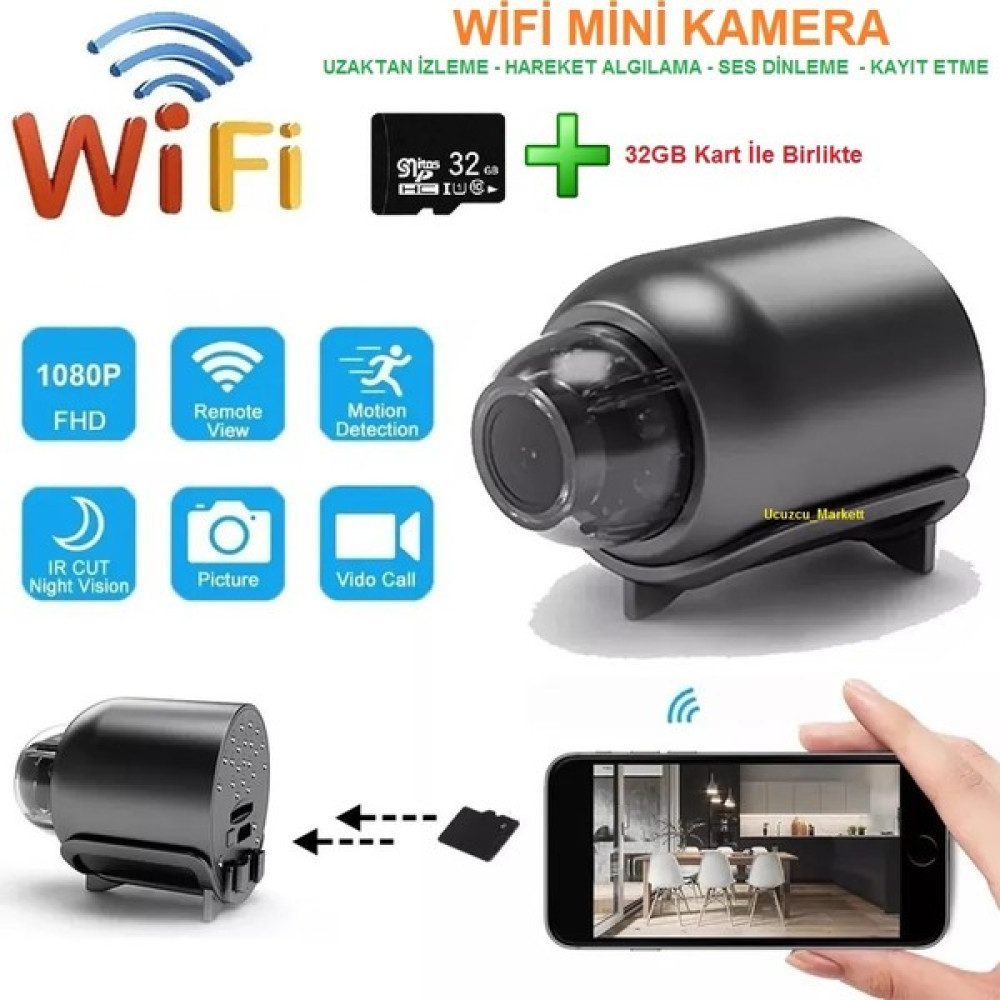 Kalite Wifi Mini Kamera + 32GB Kart (Gece Görüşlü - Uzaktan Izleme -Ses Dinleme- Kayıt Yapma) Şarjlı Değildir Dijital Video Kameralar Fiyatı