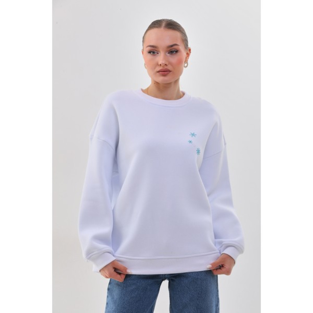 Kallima Kalın Kışlık Oversize Basic Bisiklet Yaka Kar Tanesi Baskılı Beyaz Yılbaşı Sweatshirt Bayan Sweatshirt Fiyatı