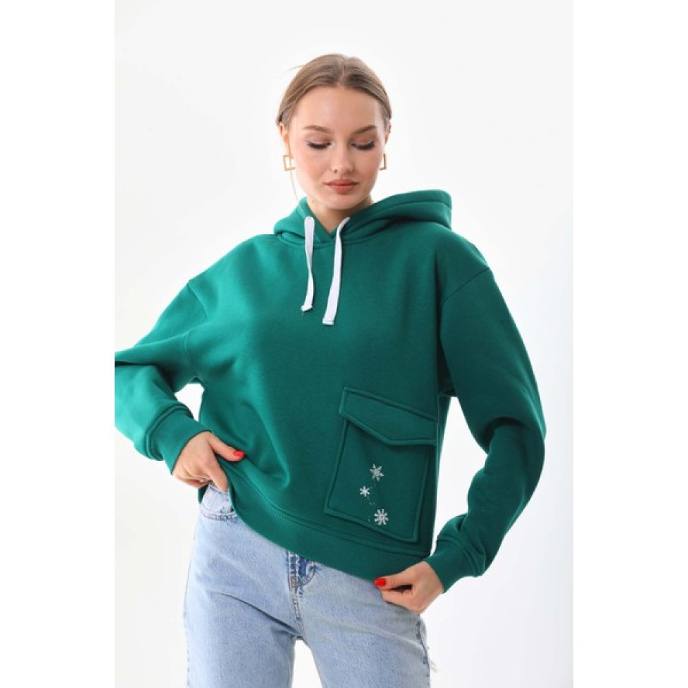 Kallima Kar Tanesi Baskılı Cepli Kapüşonlu Kışlık Kalın Sweatshirt Oversize/geniş Kesim Bayan Sweatshirt Fiyatı