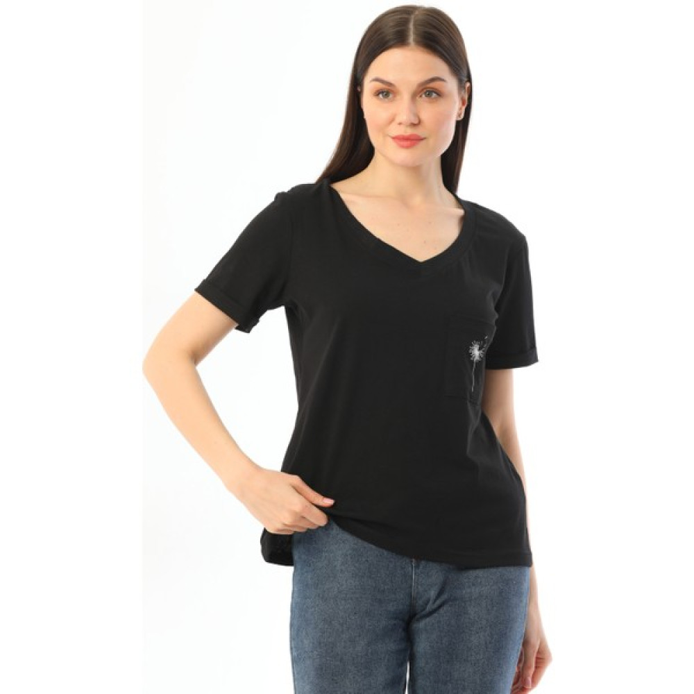 Kallima Nakışlı Cepli V Yaka Rahat Kalıp Pamuk T-Shirt Bayan T-shirt Fiyatı