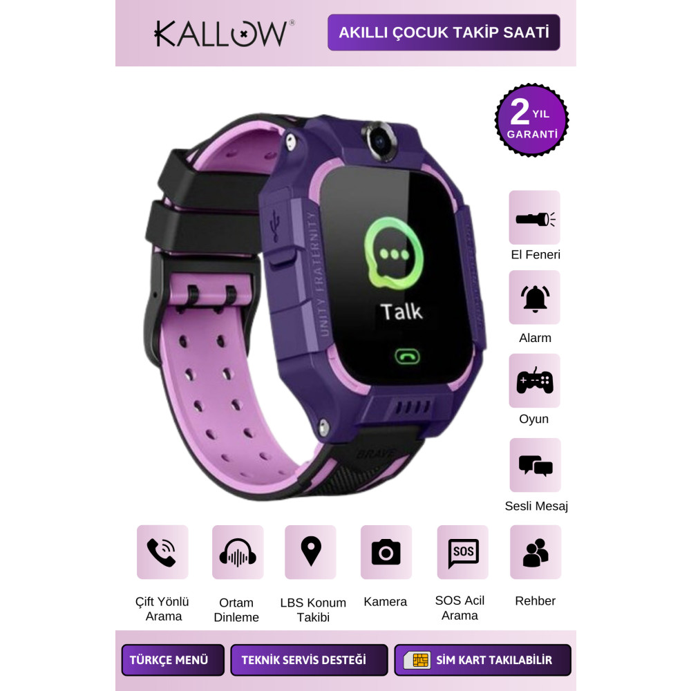 Kallow Z10 Sim Kart Girişli Akıllı Çocuk Takip Saati Uzaktan Dinleme Özellikli Türkçe Menü Mor Akıllı Çocuk Saati Fiyatı