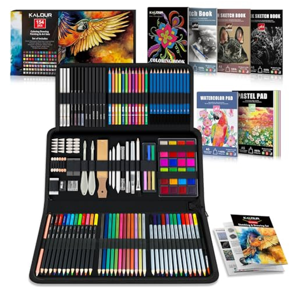 KALOUR 154PCS Art Supplies - Sketching & Drawing Kit with Sketchbook,Tutorial Book,Coloring Paper - Graphite,Colored, Charcoal, Watercolor & Metallic Pencils - Drawing Tools for Artists and Beginners