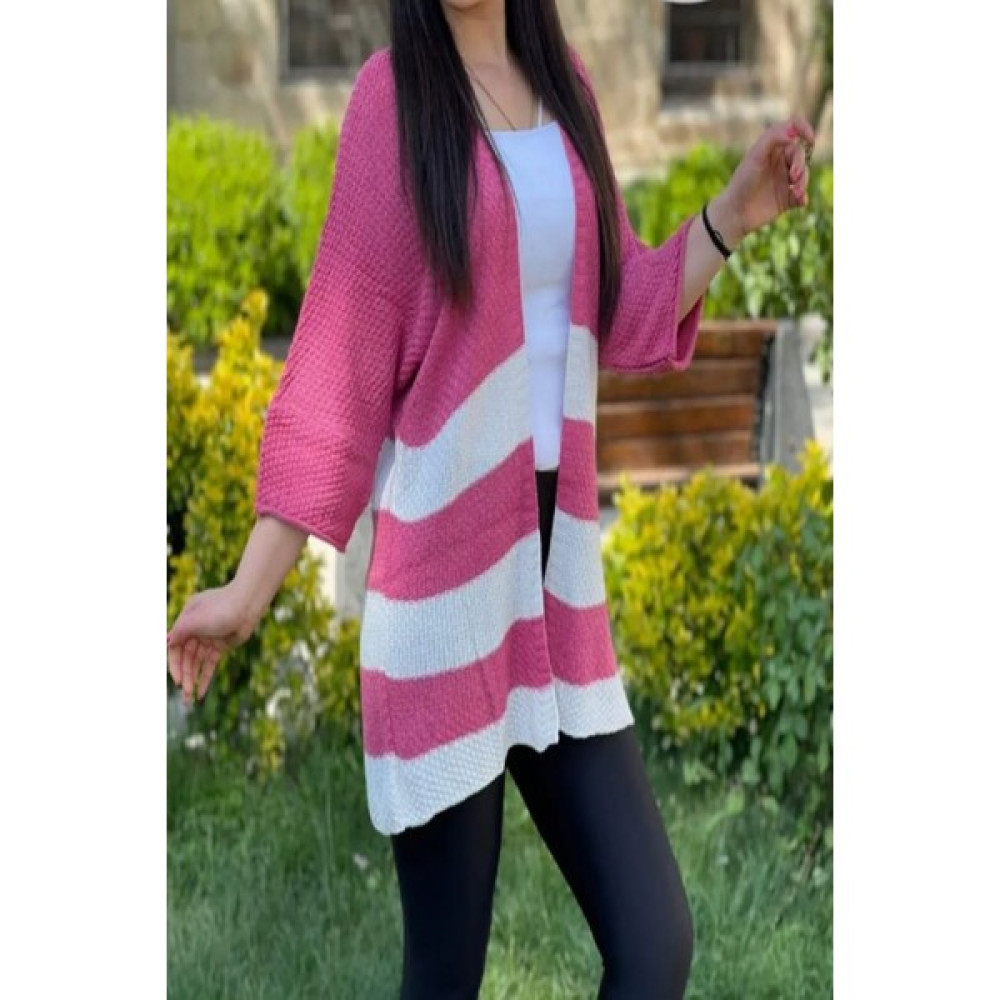 KAMER STORE Fuşya Beyaz Şeritli Merserize Oversize Hırka Kadın Ceket Kadın Hırka Fiyatı