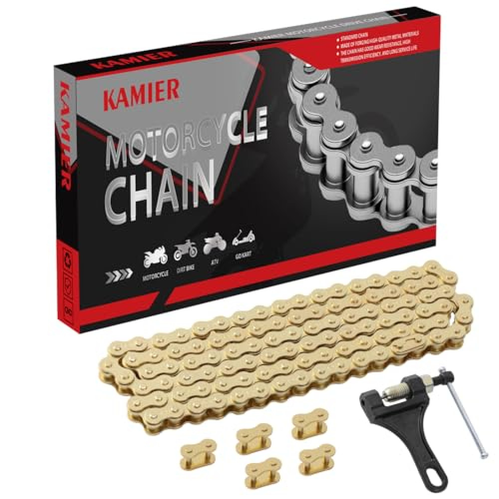 KAMIER 420 Drive Chain 102 Link Gold with Chain Breaker Tool for CRF50F XR50R KX65 KLX110 TTR110 50cc 70cc 90cc 110cc 125cc SSR TaoTao Coolster Kayo Pit Dirt Bike 4 Wheeler ATV Go Kart Mini Bike Parts