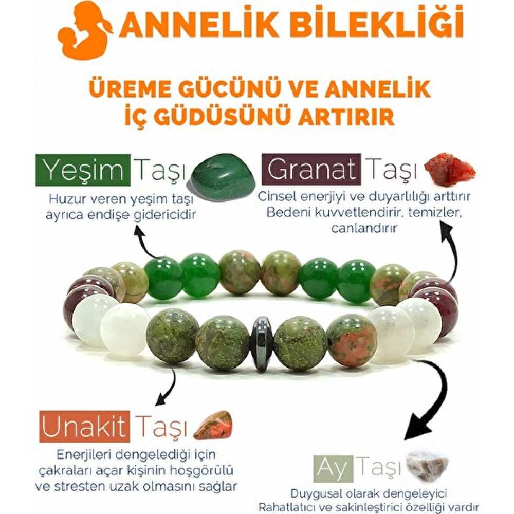 Kamus Anne Bilekliği Unakit Aytaşı Lal Yeşim Doğal Taş Bileklik - 20 cm - Krem Saat ve Bileklik Aksesuarı Fiyatı
