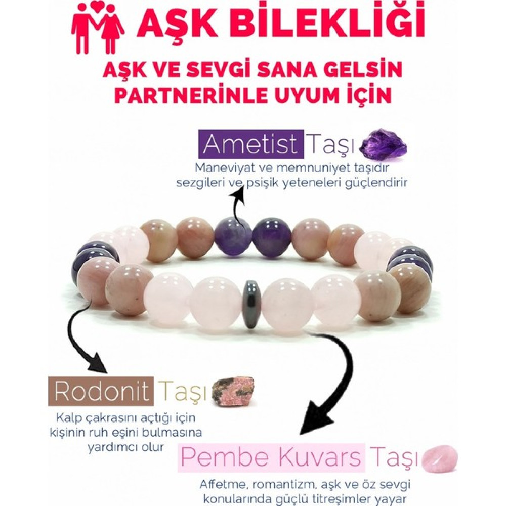 Kamus Aşk Bilekliği Pembe Kuvars Rodonit Ametist Doğal Taş Bileklik - 19 cm - Renkli Saat ve Bileklik Aksesuarı Fiyatı