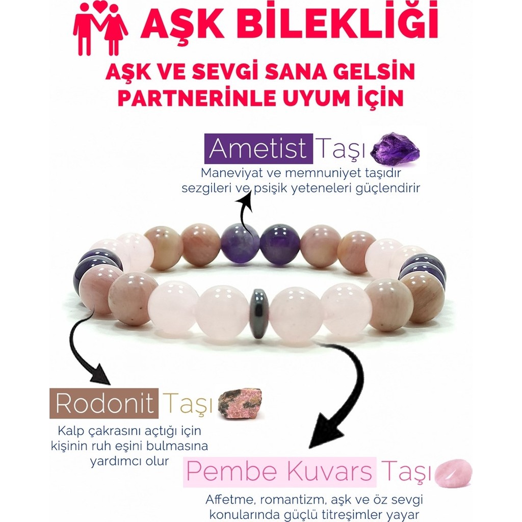 Kamus Aşk Bilekliği Pembe Kuvars Rodonit Ametist Doğal Taş Bileklik - 19 cm - Renkli Diğer Fiyatı