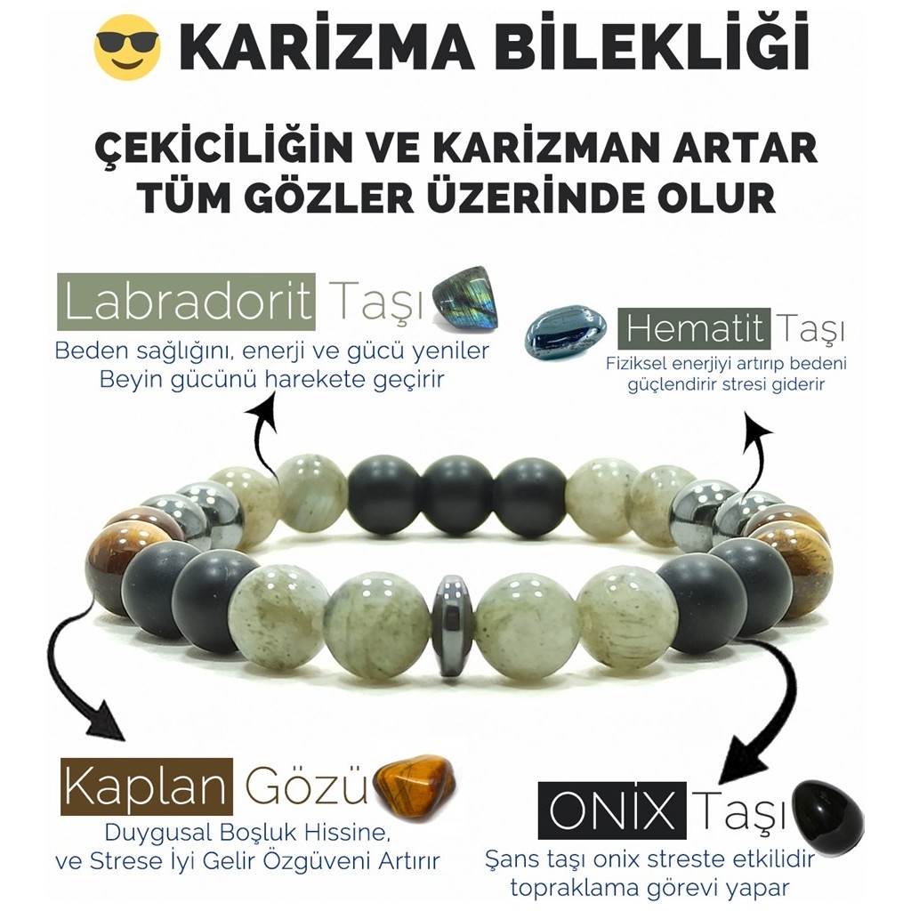 Kamus Karizma Bilekliği Labradorit Oniks Hematit Kaplangözü Doğal Taş Bileklik - 19 cm - Gökkuşağı Evcil Hayvan Ürünleri Fiyatı