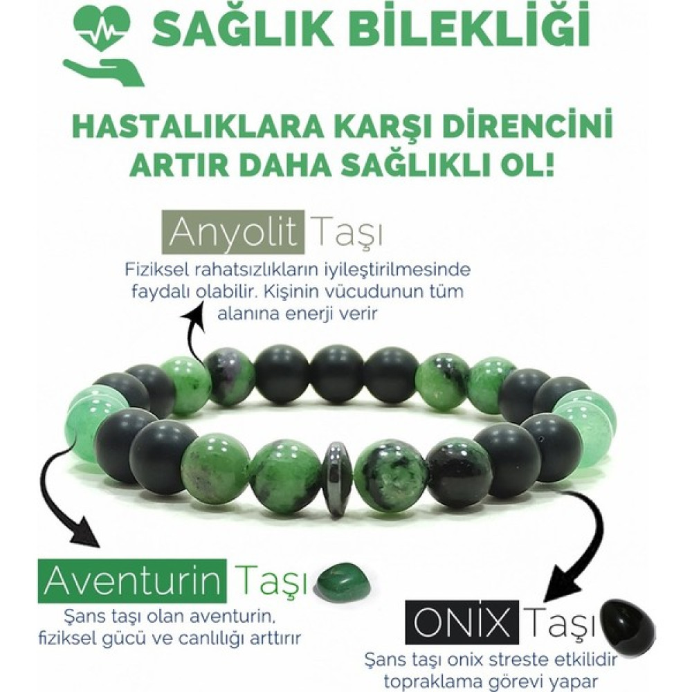 Kamus Sağlık Bilkeliği Anyolit Aventurin Oniks Doğal Taş Bileklik - 19 cm - Saat Kulesi Saat ve Bileklik Aksesuarı Fiyatı
