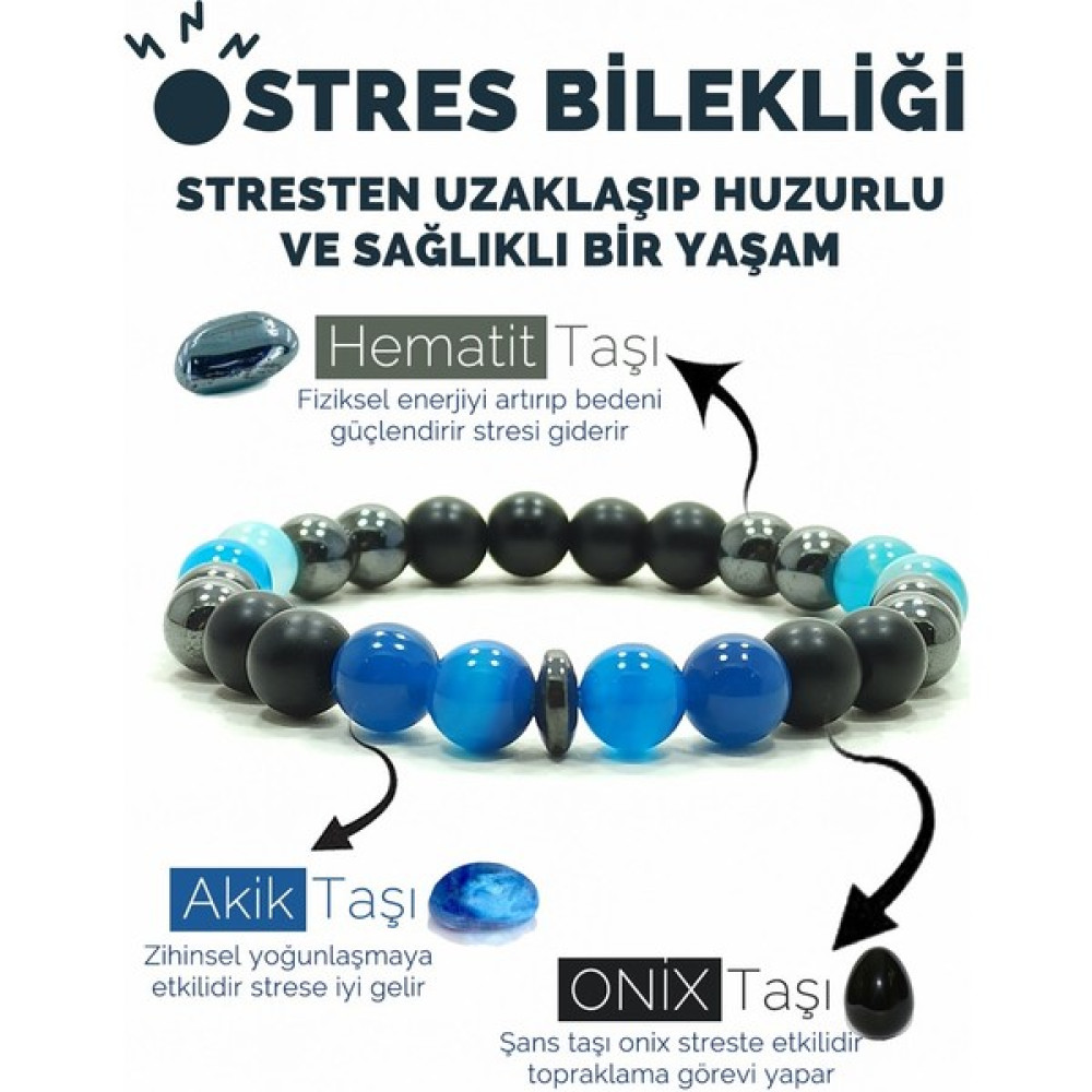Kamus Stres Bilekliği Hematit Oniks Akik Doğal Taş Bileklik - 20 cm - Siyah Saat ve Bileklik Aksesuarı Fiyatı