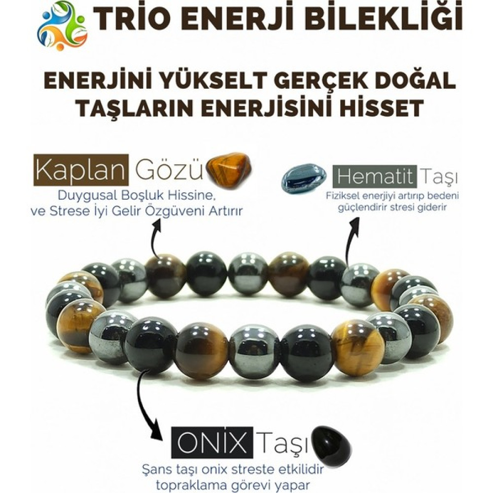 Kamus Trio Enerji Oniks Hematit Kaplangözü Doğal Taş Bileklik - 19 cm - Siyah Saat ve Bileklik Aksesuarı Fiyatı