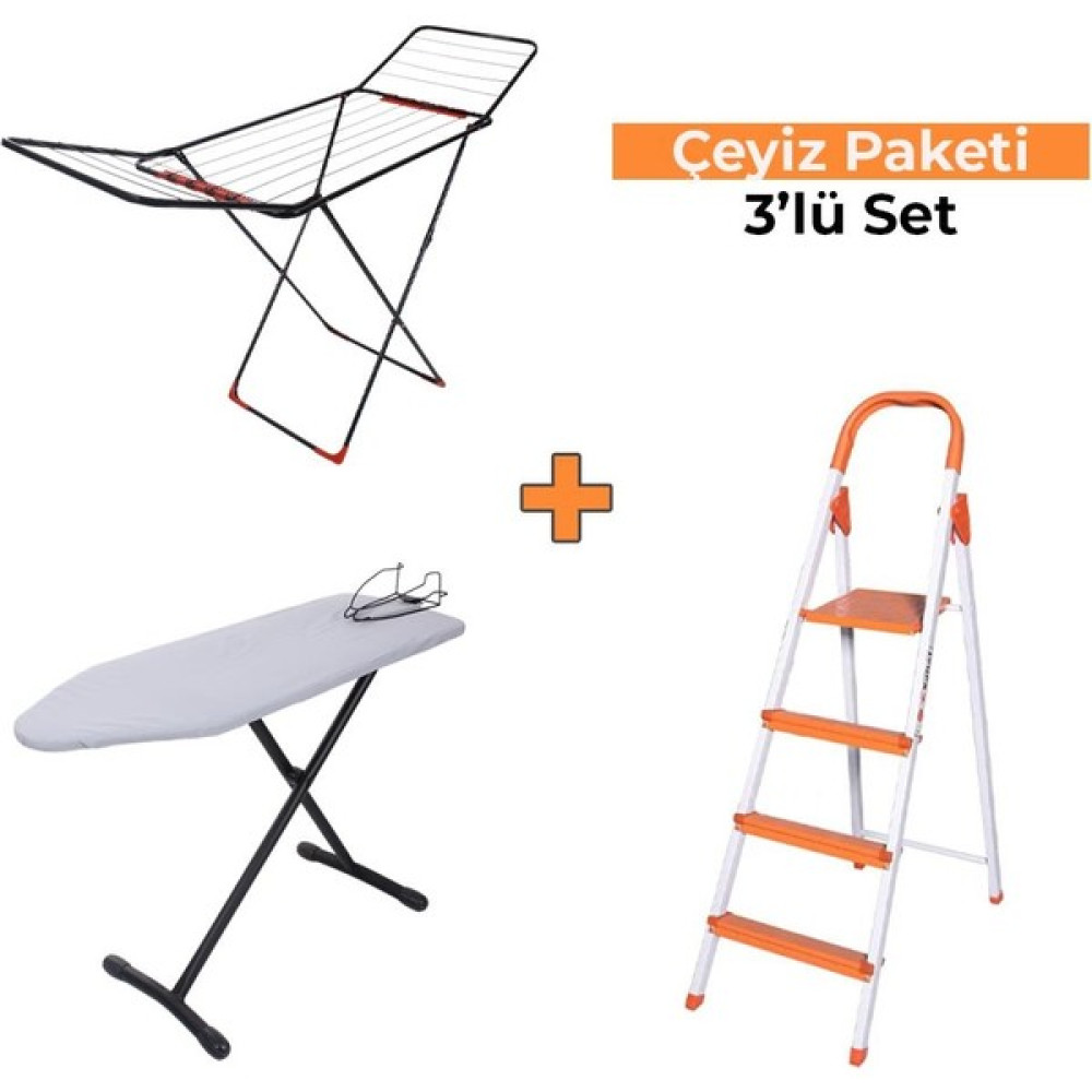 Kanat Crown Ütü Masası + Kanat Pro Çamaşır Kurutmalık + Rita Colorful Merdiven 3'lü Set Ütü Masaları ve Aksesuarları Fiyatı