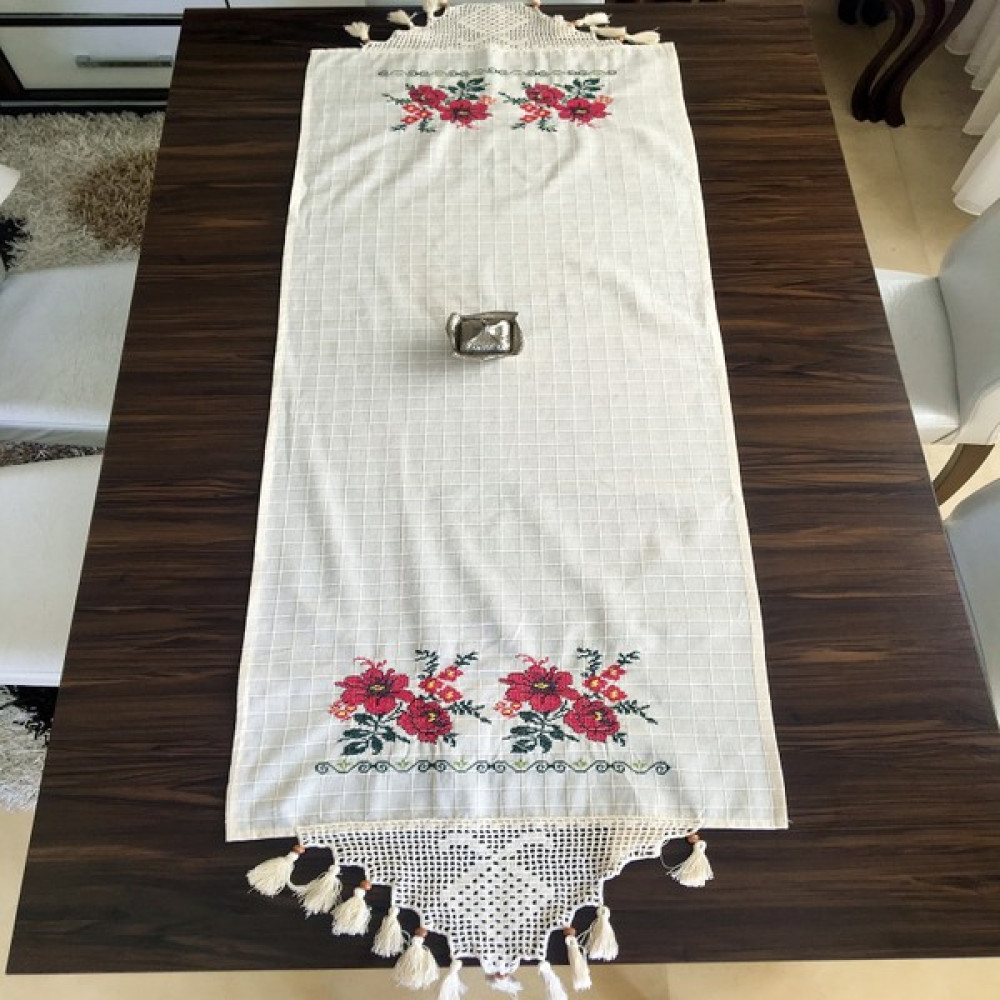 Kanaviçe Runner- Buzdolabı Örtüsü Bordo - Beyaz - 50 x 160 cm Masa Örtüsü Fiyatı