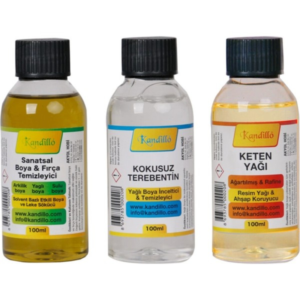 Kandillo Yağlı Boya Seti Yardımcı Malzemeler 3 x 100 ml Terebentin Resim Keten Yağı ve Fırça Temizleme Sıvısı Sanatsal Malzemeler Fiyatı