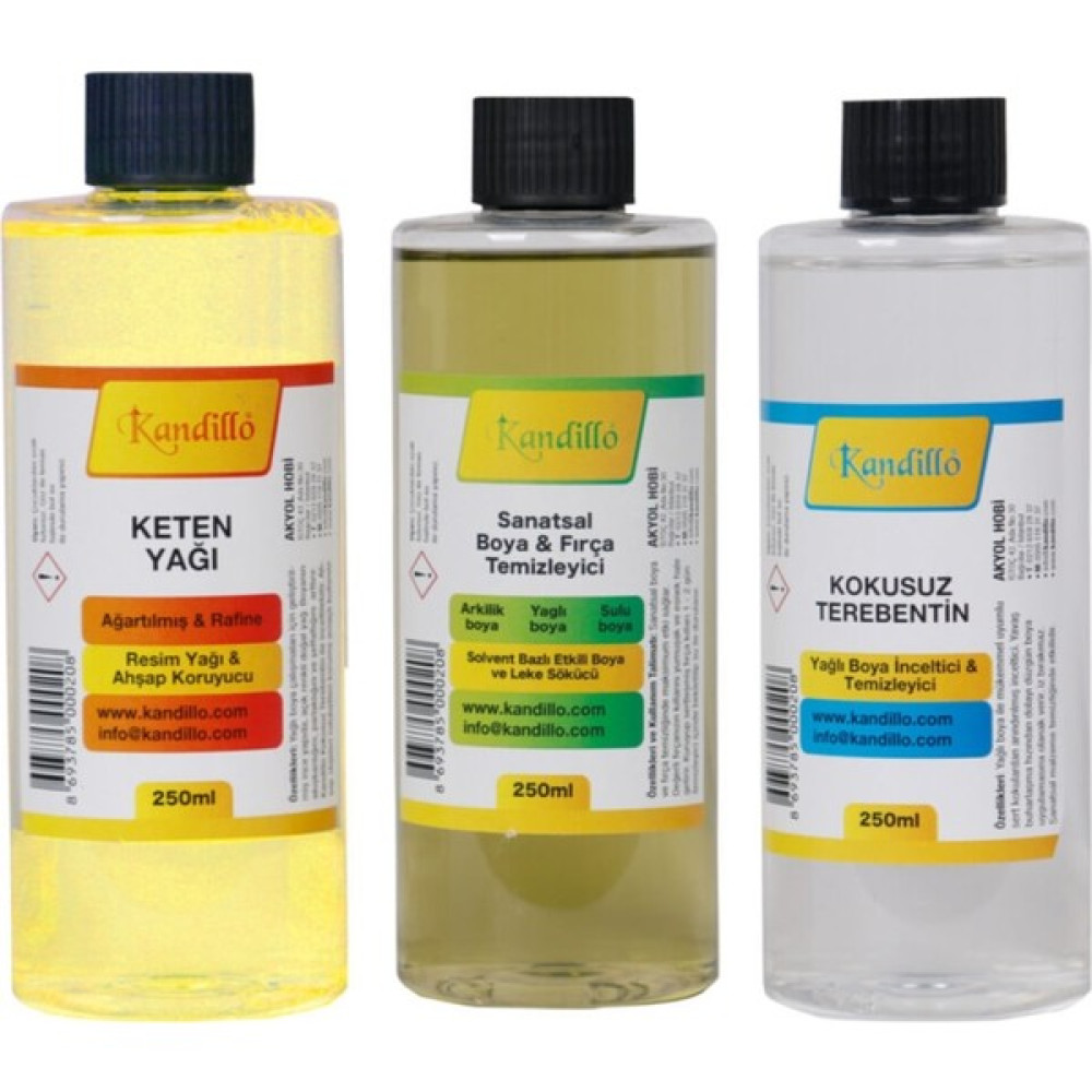 Kandillo Yağlı Boya Seti Yardımcı Malzemeler 3 x 250 ml Terebentin Resim Keten Yağı ve Fırça Temizleme Sıvısı Sanatsal Malzemeler Fiyatı
