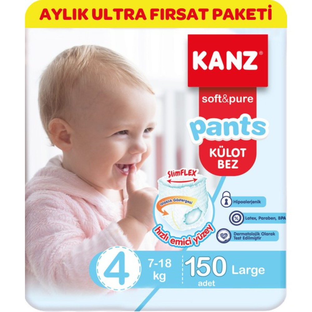 Kanz 4 Numara Külot Bez Aylık Ultra Fırsat Paketi 7-18 kg 150'li Bebek Bezi Fiyatı