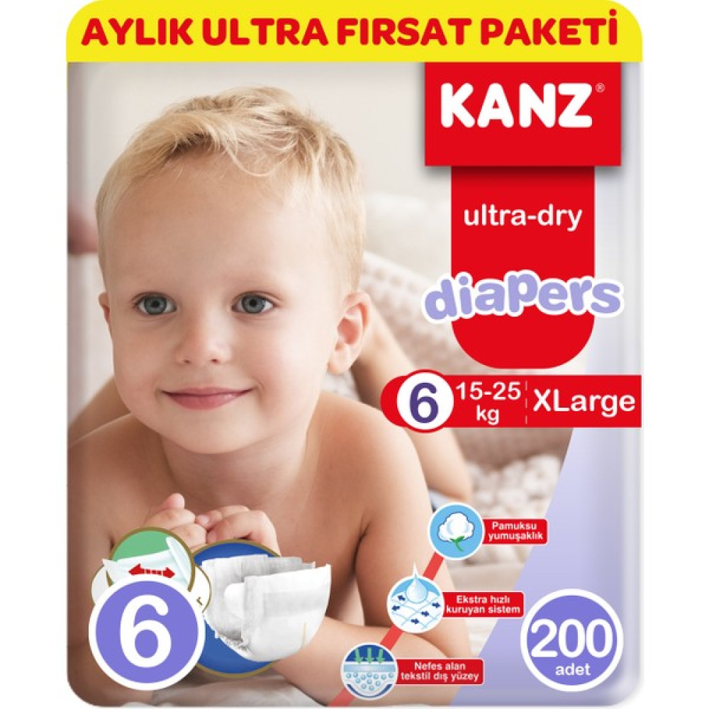 Kanz 6 Numara Bebek Bezi Aylık Ultra Fırsat Paketi 200 Adet Bebek Bezi Fiyatı