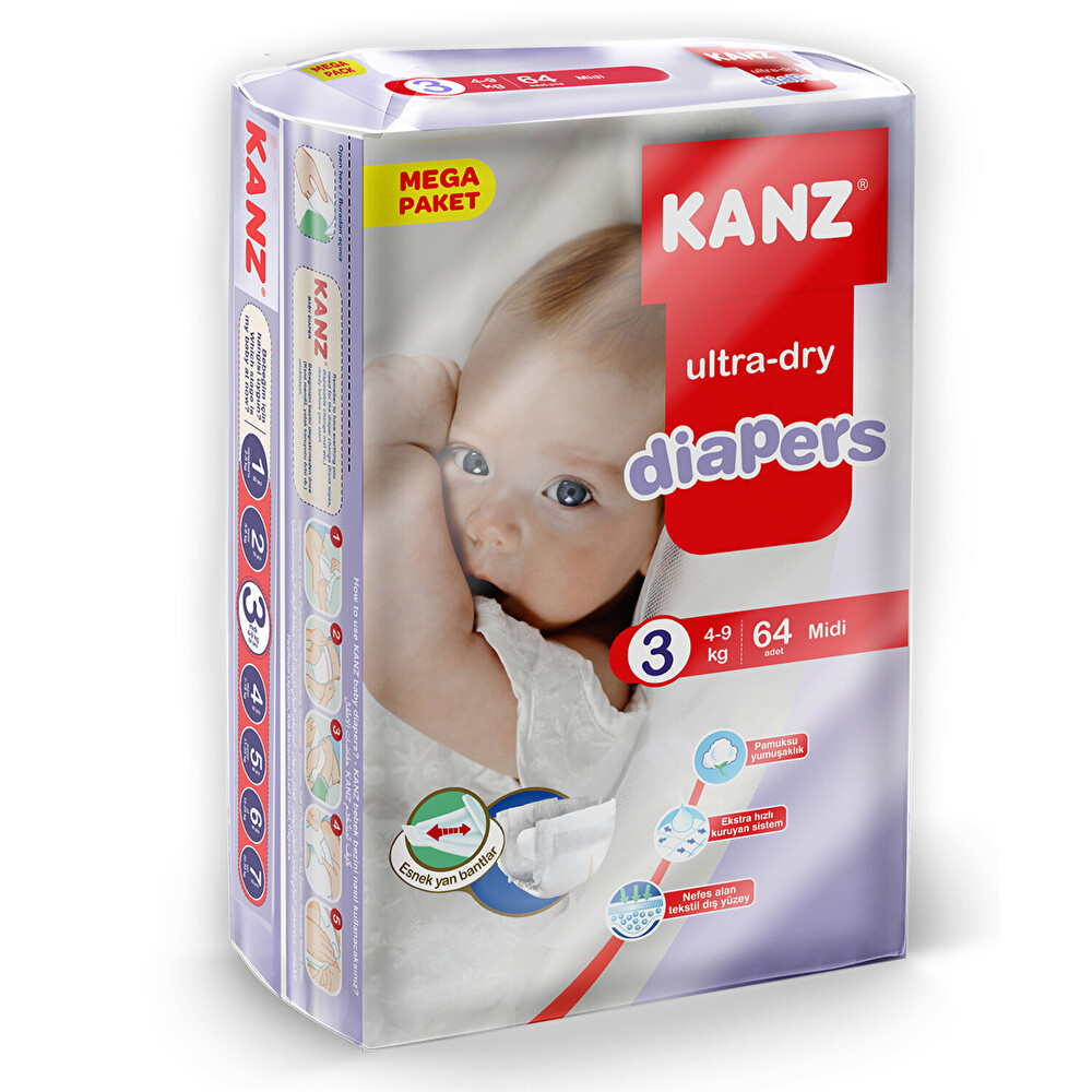Kanz Mega Paket Midi 3 Beden 64'lü Bebek Bezi Fiyatı