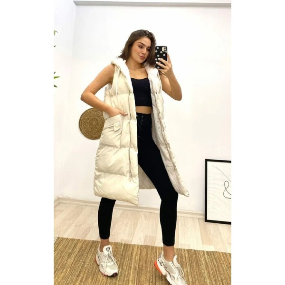 Kapişönlü Uzun Maxi Boy Şişme Yelek Uzun Yelek Yelek Kadın Yelek Fiyatı
