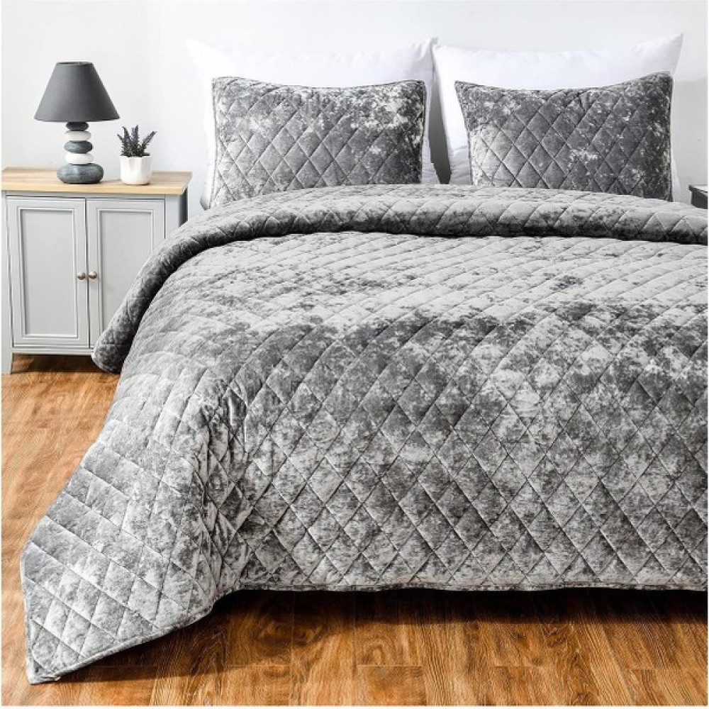 Kapitone Kadife Yatak Örtüsü Seti Çift Kişilik Supersoft 3 Parça Yumuşak Elyaf Dolgulu Çeyizlik - Gri - 220 x 240 cm Yatak Örtüsü Fiyatı