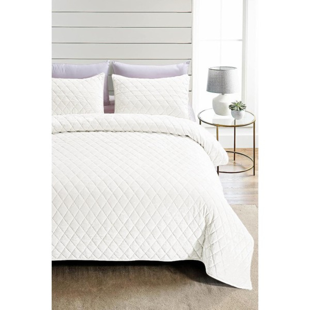 Kapitone Kadife Yatak Örtüsü Seti Çift Kişilik Supersoft 3 Parça Yumuşak Elyaf Dolgulu Çeyizlik - Krem - 220 x 240 cm Yatak Örtüsü Fiyatı