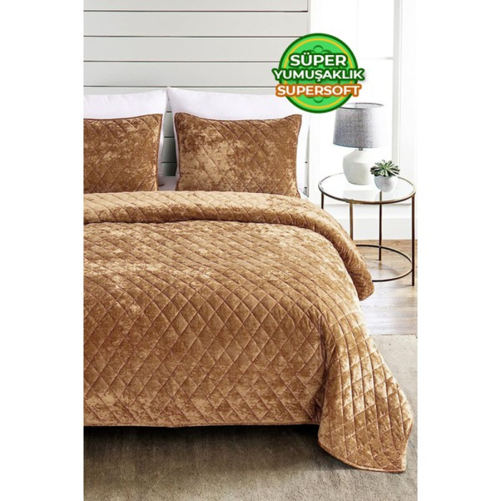 Kapitone Kadife Yatak Örtüsü Seti Çift Kişilik Supersoft 3 Parça Yumuşak Elyaf Dolgulu Çeyizlik - Vizon - 220 x 240 cm Yatak Örtüsü Fiyatı