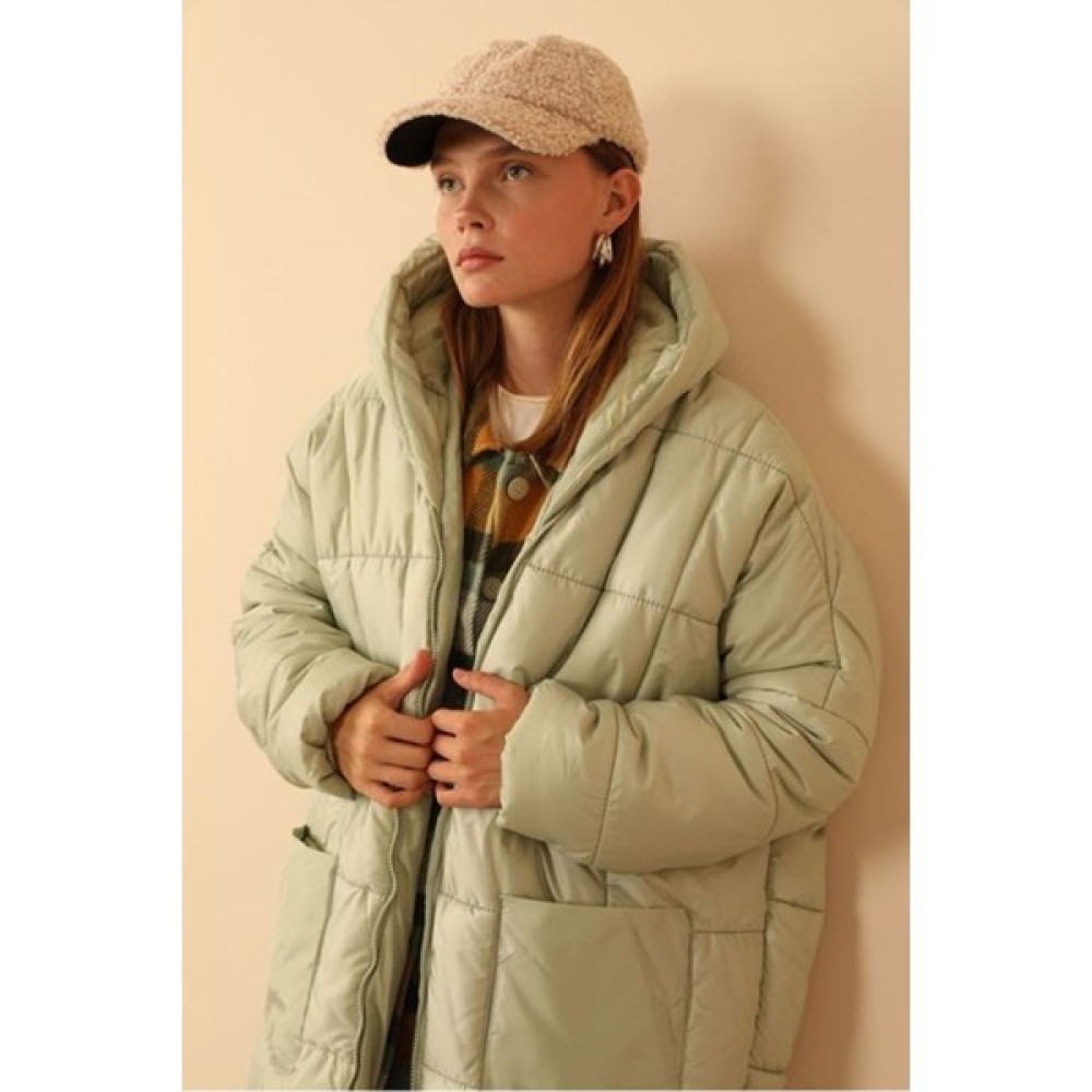 Kapitone Kumaş Uzun Kol Oversize/salaş Kadın Mont-Mint Bayan Mont Fiyatı