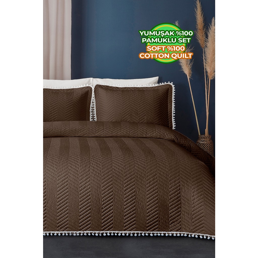 Kapitone Ponponlu %100 Pamuk Tek Kişilik Yatak Örtüsü ( Pike ) Takımı Koyu Kahve - Kahverengi - 180 x 220 cm SSD / Solid State Drive Fiyatı