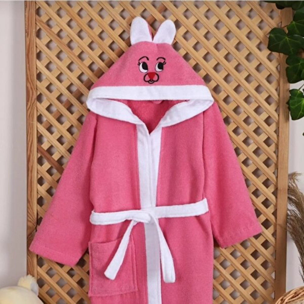 Kapşonlu Çocuk Bornozu tavşan nakışlı - 5 - 6 Yaş - Pembe Bornoz Fiyatı