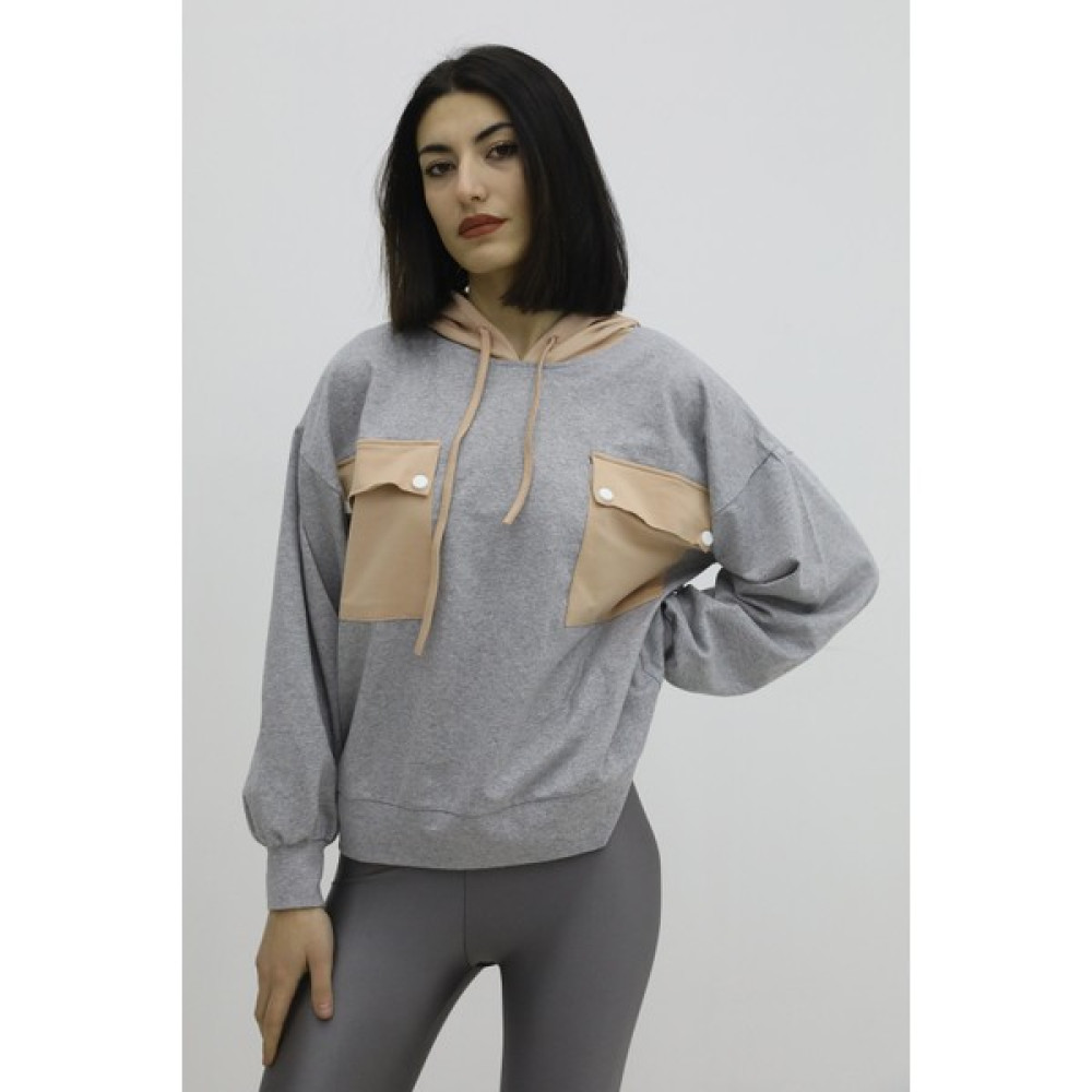Kapüşonlu Çift Cepli Sweat Gri - P-019798 Bayan Sweatshirt Fiyatı