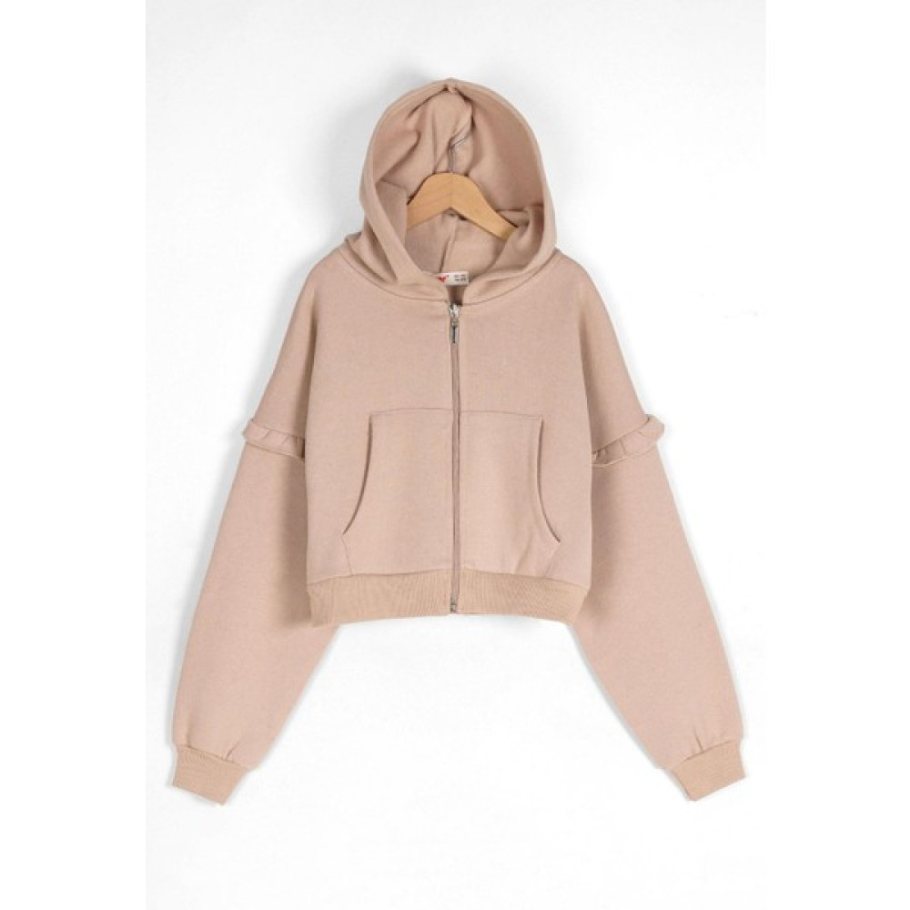 Kapüşonlu Uzun Kol Kolları Fırfırlı Bej Renk Kız Çocuk Sweatshirt Kız Çocuk Sweatshirt Fiyatı