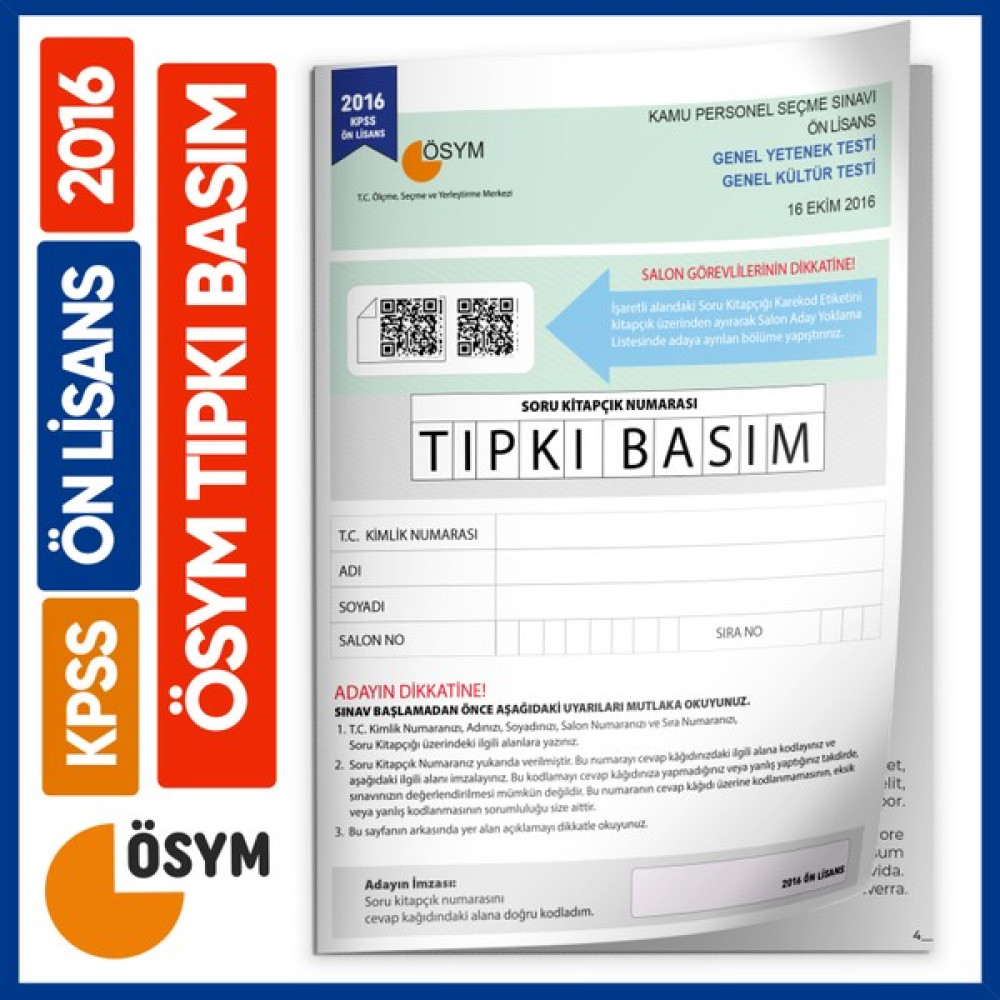 Kara Kutu Yayınları 2016 KPSS Ön Lisans ÖSYM Çıkmış Soru Tıpkı Basım Kitapçığı Ders Sınav Kitapları Fiyatı