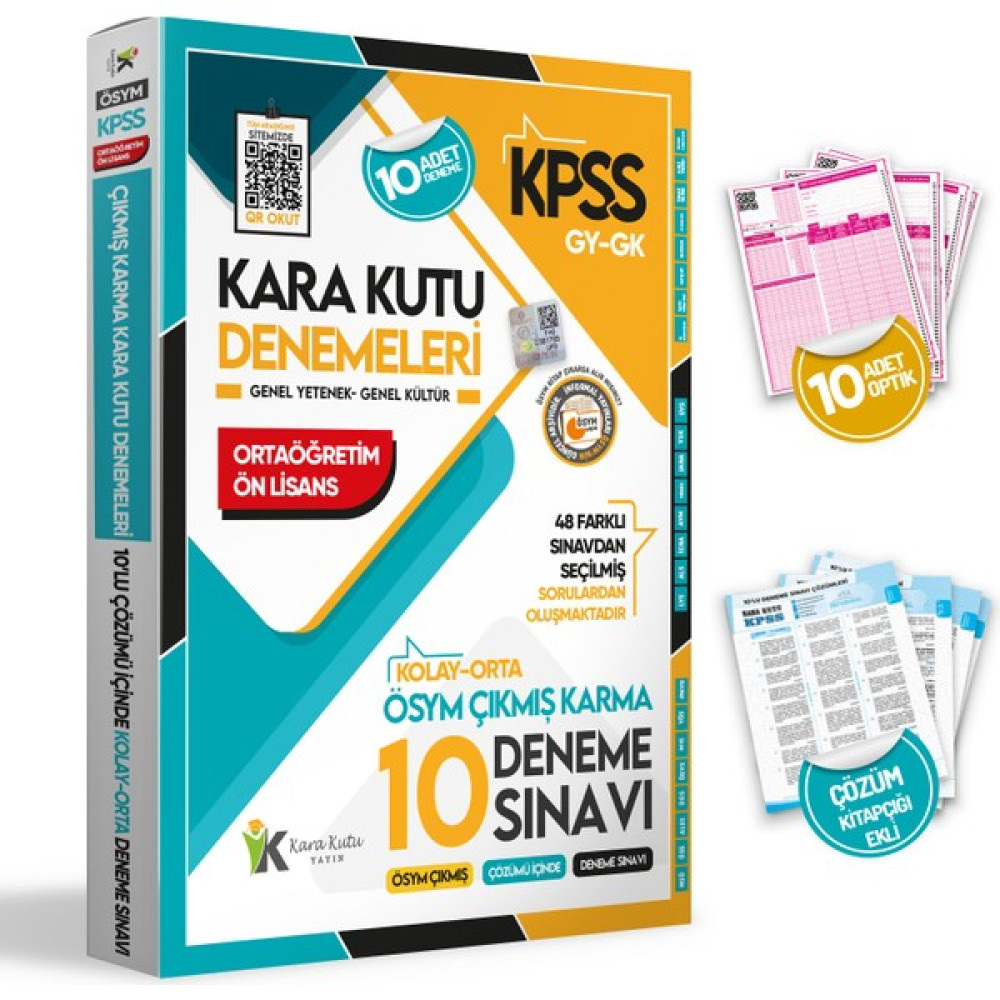 Kara Kutu Yayınları 2024 Kpss Genel Yetenek Genel Kültür Ön Lisans Ösym Tüm Arşiv Seçme Kolay-Orta Çıkmış Karma Karakutu Çözümü Içinde 10LU Deneme Ders Sınav Kitapları Fiyatı