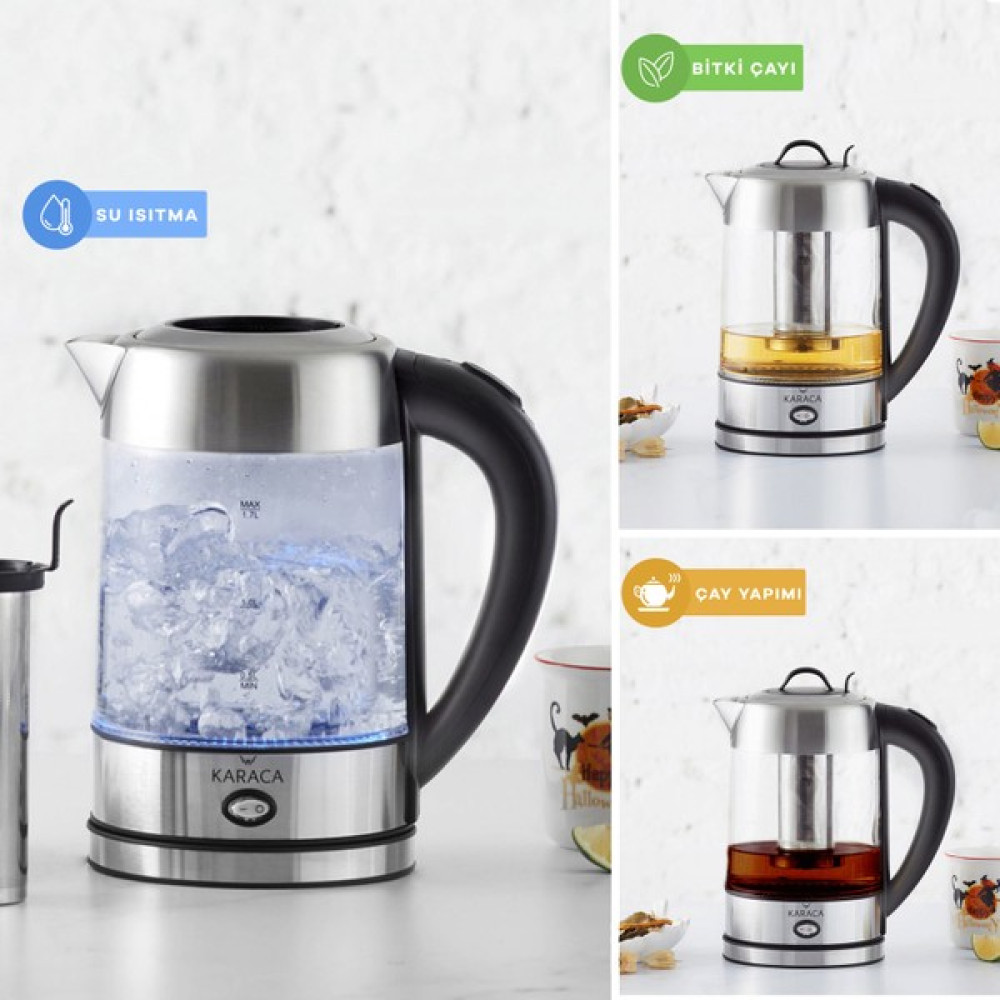 Karaca Cam Inox Bitki Çayı Makinesi ve Su Isıtıcı Kettle 2202,Led Işıklı, Yüksek Borosilikat Gövde Paslanmaz Çelik SUS304 Su Isıtıcıları / Kettle Fiyatı