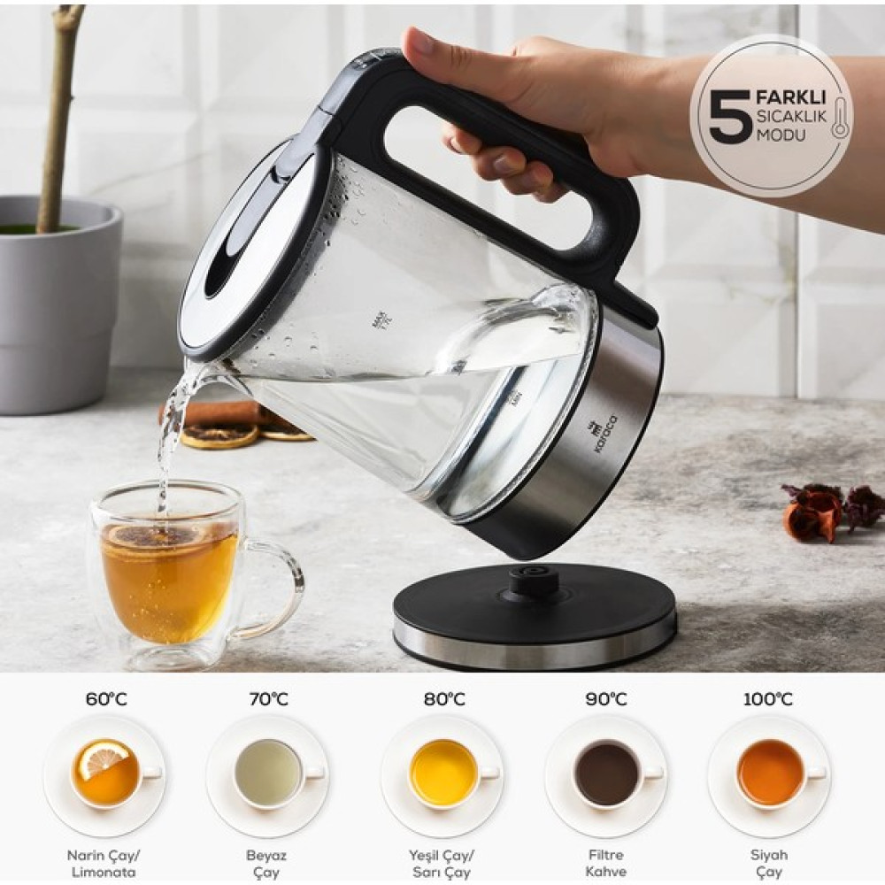 Karaca - Paslanmaz Çelik Taban 5 Kademeli Sıcaklık Ayarlı ve LED Işıklı Cam Su Isıtıcısı & Kettle 2200W Krctr3, One Size Su Isıtıcıları / Kettle Fiyatı
