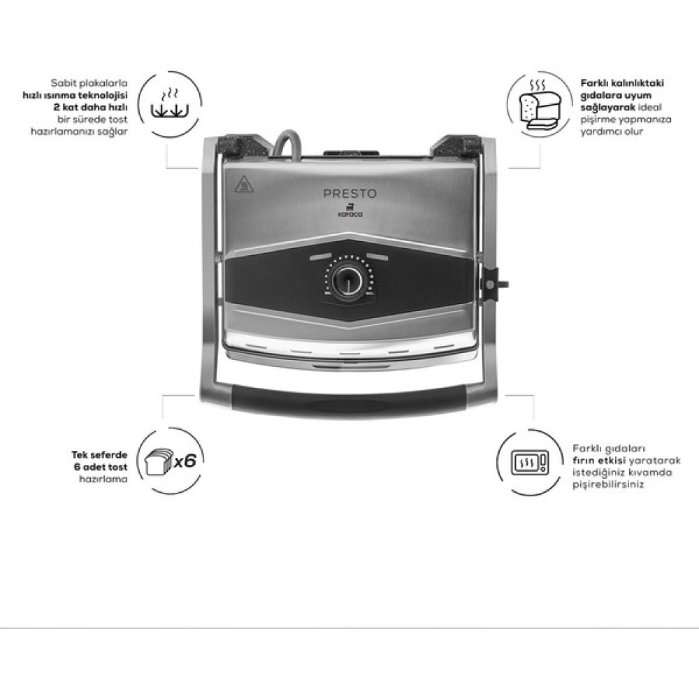 Karaca Presto 2001 Izgara ve Tost Makinesi İnox 2000W 6 Dilimli - Inox Tost Makineleri Fiyatı