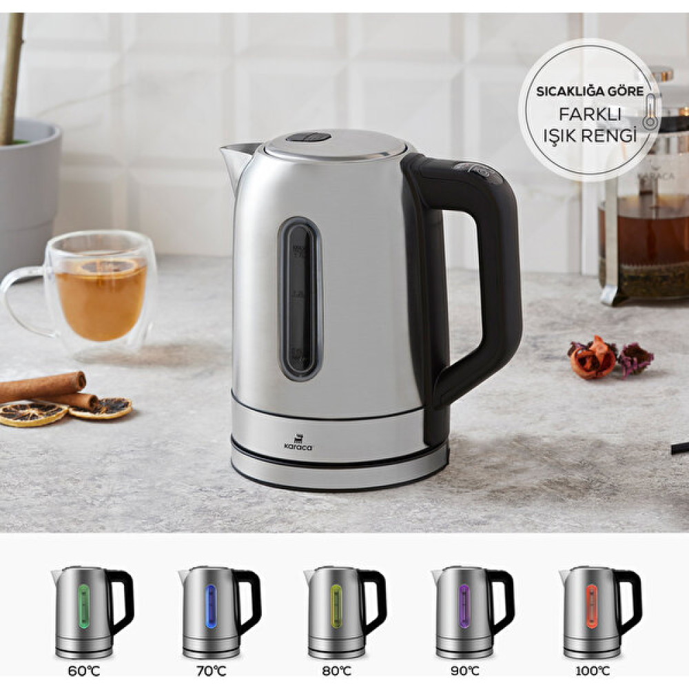 Karaca Sıcaklık Ayarlı ve LED Işıklı Inox Su Isıtıcısı Kettle 2200W Su Isıtıcıları / Kettle Fiyatı
