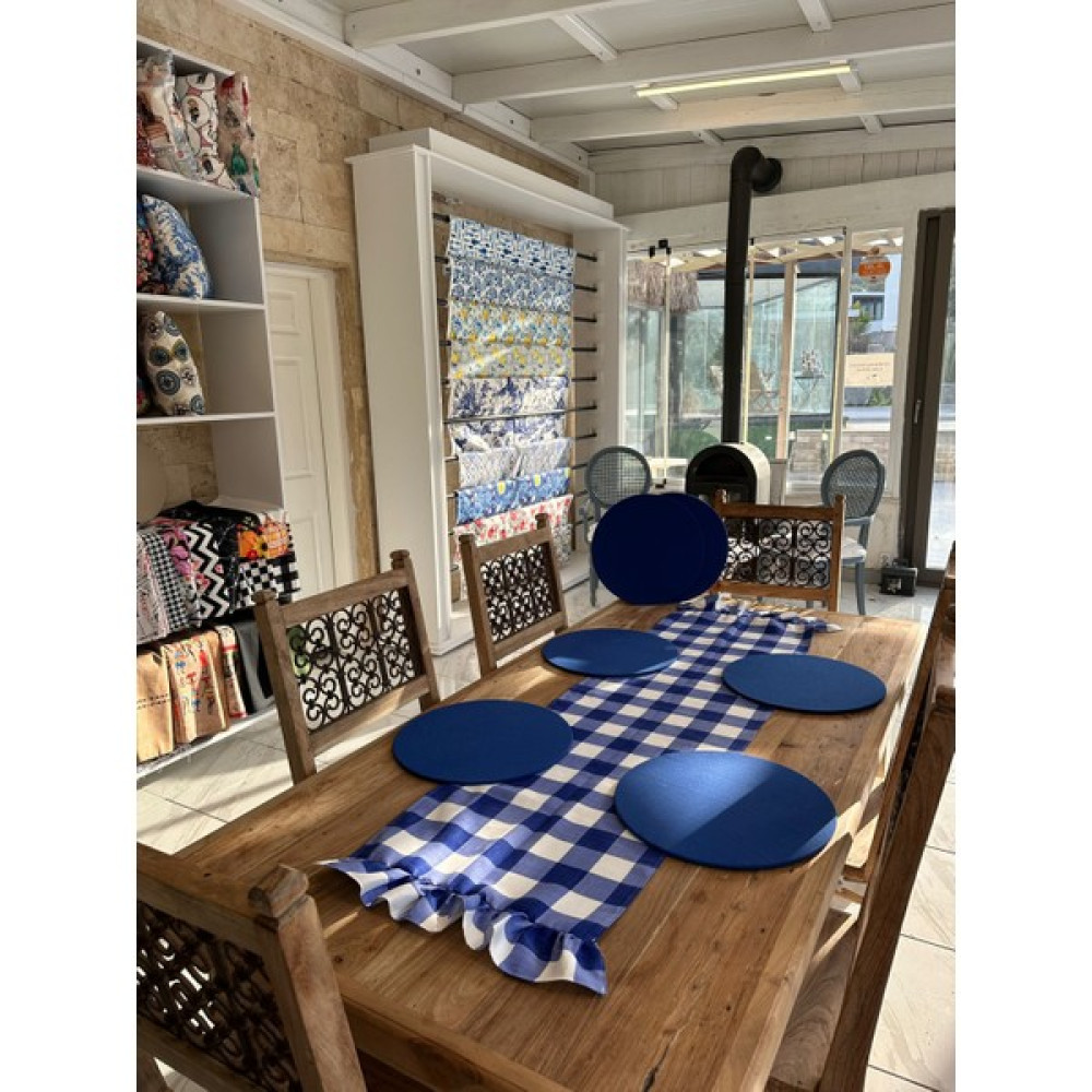Karam Home Mavi Pötikare Fırfırlı Runner ve 6'lı Supla Takım - 135 x 45 cm Masa Örtüsü Fiyatı