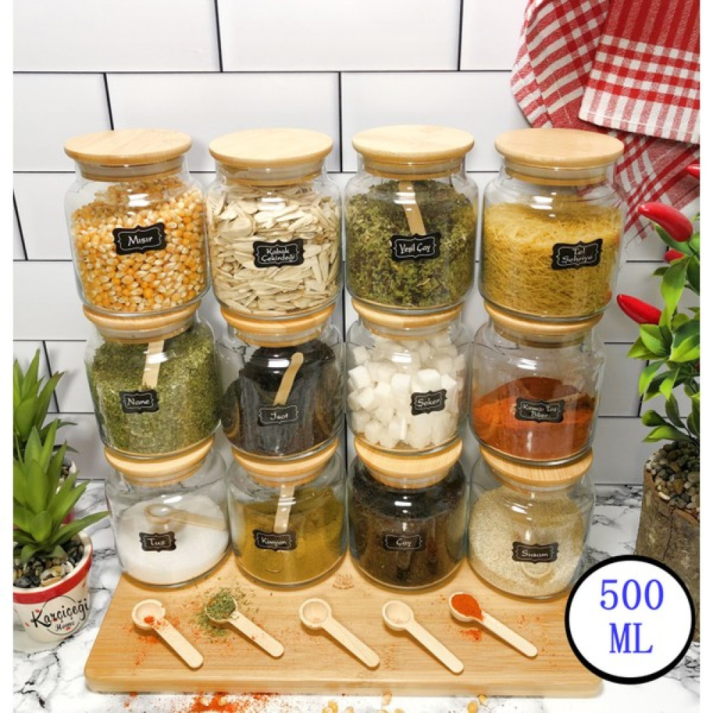 Karçiçeği Home 12’Li Bambu Kapaklı, Kaşıklı + Etiketi Baharatlık Takımı 500ml Baharat Setleri & Baharatlıklar Fiyatı