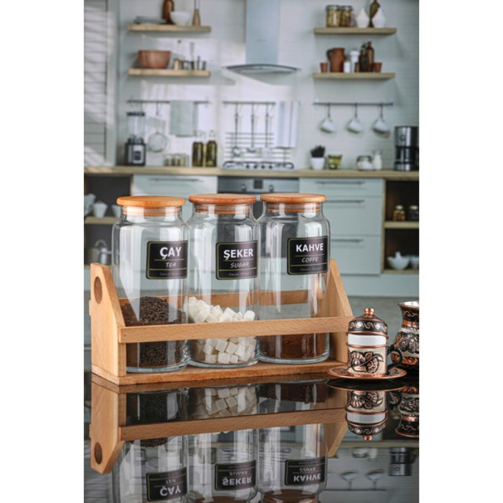 Karçiçeği Home 3'lü 1300 ml Çay Kahve Şeker Kavanozu Bambu Kapaklı, Standlı ve Etiketli Saklama Kapları Fiyatı