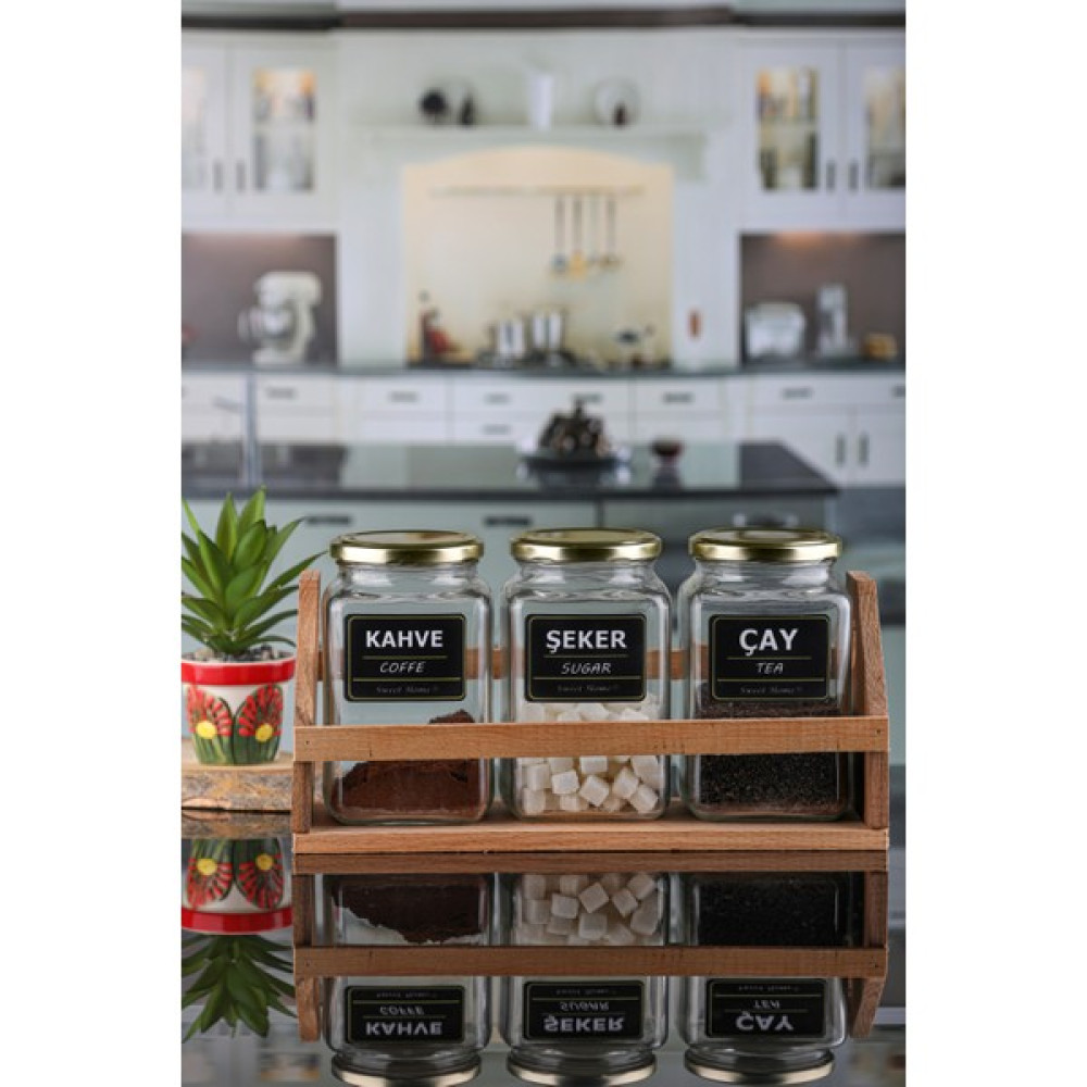 Karçiçeği Home 3'lü Standlı ve Etiketli Çay Kahve Şeker Kavanoz Takımı Gold Kapaklı 1000ML Saklama Kapları Fiyatı