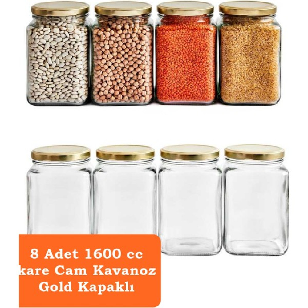 Karçiçeği Home 8'li 1600 ml Köşeli Kapaklı Cam Kavanoz - Gold Kapak Saklama Kapları Fiyatı